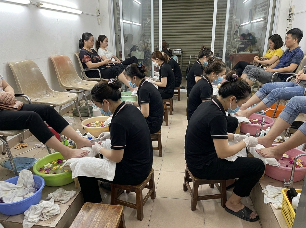 salon de pedicuras lleno y pequeño