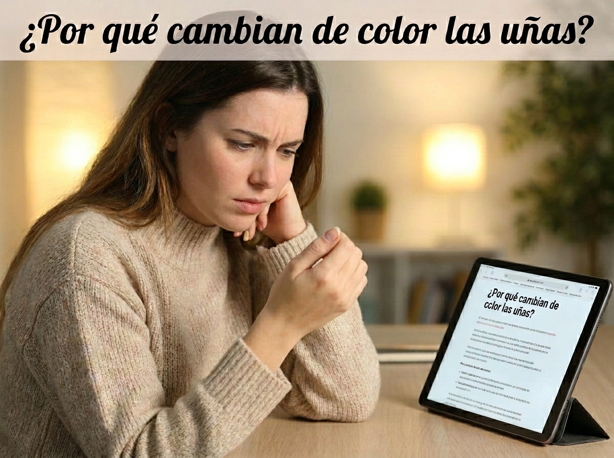 mujer mira sus uñas con confusión mientras lee un blog en su tablet